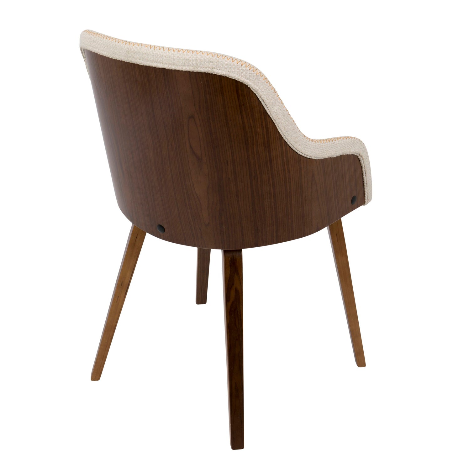 The Bacci - Mid Century Modern Dining Chair features a curved wooden back, beige upholstered seat and backrest edge, and four angled wooden legs, displayed from the rear against a white background.