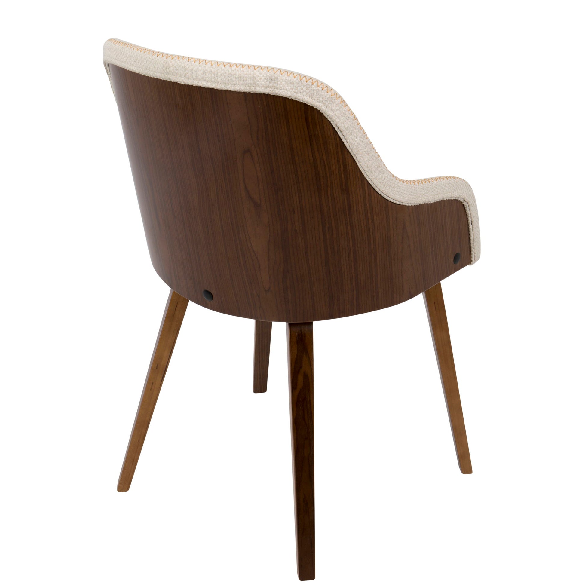 The Bacci - Mid Century Modern Dining Chair features a curved wooden back, beige upholstered seat and backrest edge, and four angled wooden legs, displayed from the rear against a white background.