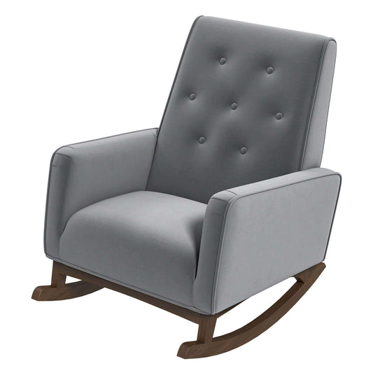 The Demetrius Solid Wood Rocking Chair features a modern gray upholstered design with a button-tufted backrest, wide cushioned seat, and elegant wooden curved rockers.