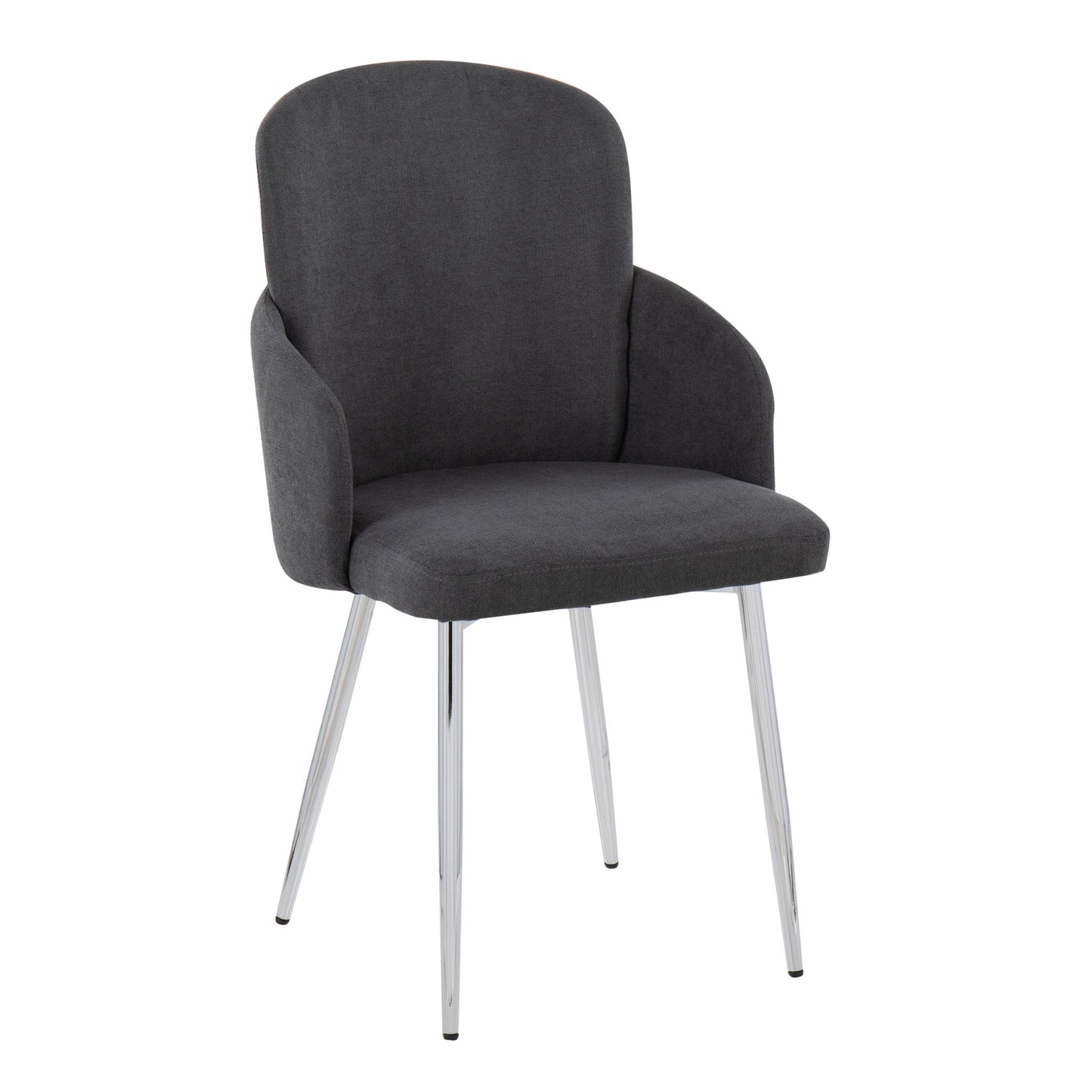 The Dahlia Contemporary Dining Chair (Set of 2) features a modern dark gray upholstery, rounded backrest, short armrests, and four shiny chrome metal legs.
