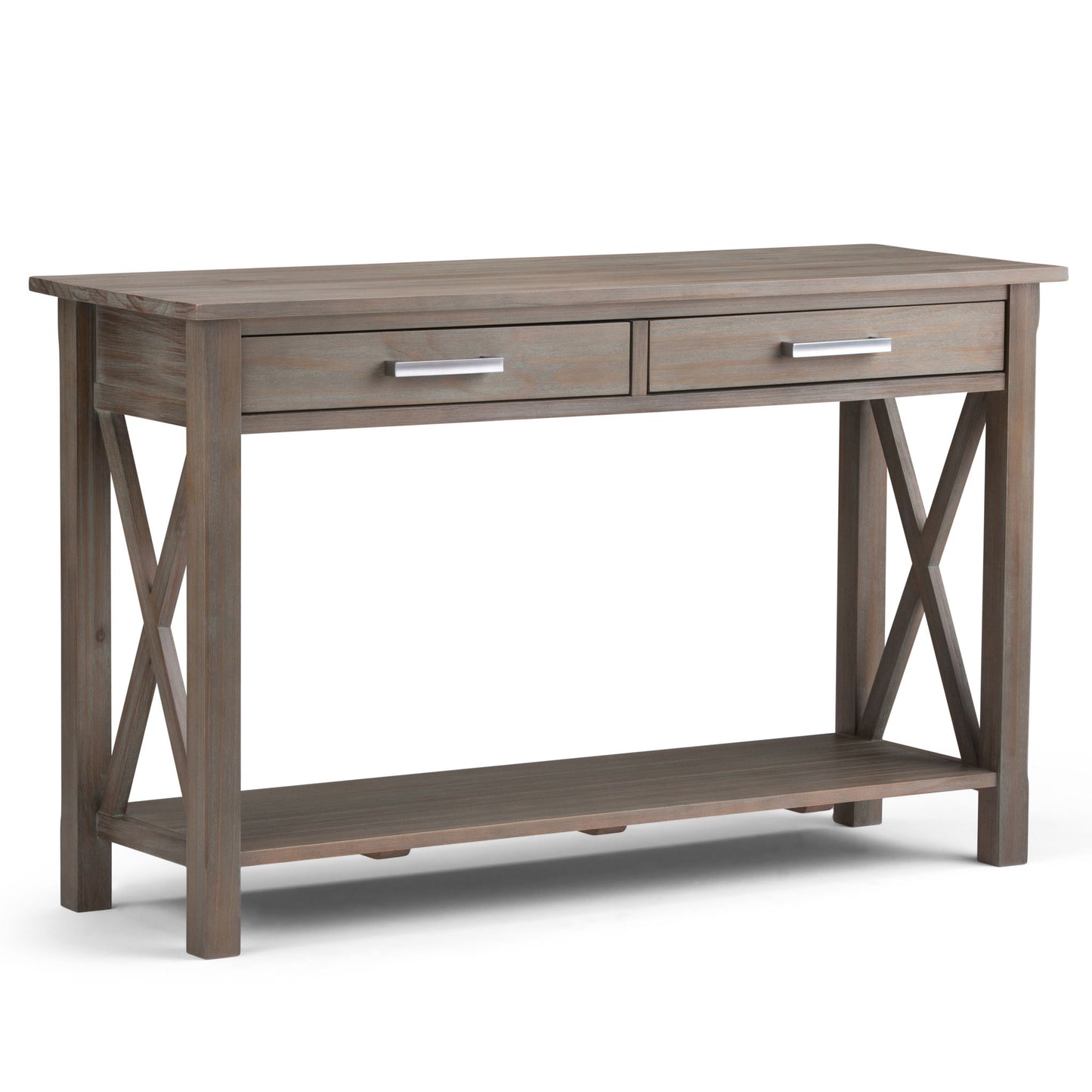 The Kitchener - Handcrafted Table features a weathered wood finish, two front drawers with silver handles, X-shaped side supports, and an open lower shelf.