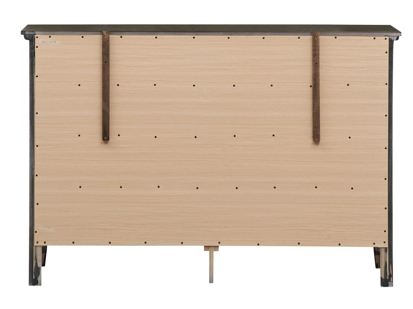 The image shows the back of the Elegant Casual Dresser For Any Room, featuring a light wood finish, evenly spaced holes on the back panel, two vertical support beams, and black metal frame accents along the edges.