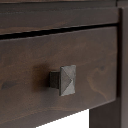 Close-up of the Cosmopolitan - Multipurpose Table’s dark wood drawer, highlighting the grain, texture, and its square geometric metal knob.