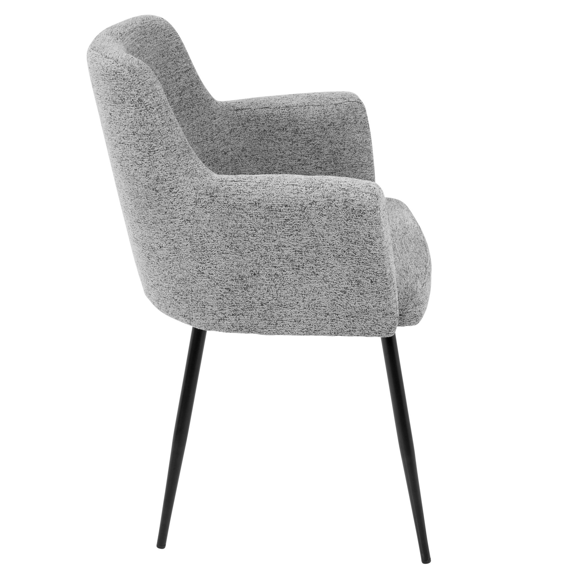 The Andrew - Contemporary Dining Chair (Set of 2) features a modern upholstered gray design with curved back and arms, slim black metal legs, and is displayed from a side angle against a white background.