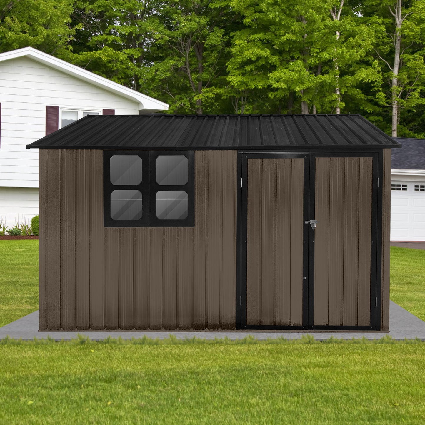 A 10' x 8' Garden Shed with a window stands on a concrete pad in a grassy yard, with a white house and green trees in the background. The shed features brown metal walls, a black roof, and two doors.