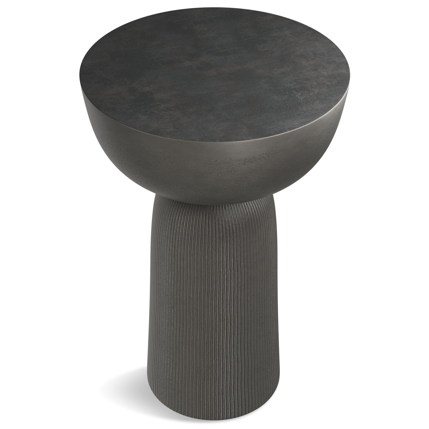 The Hughes Cast Aluminum Side Table in black features a modern, minimalist design with a round, slightly bowl-shaped top and a textured cylindrical base.