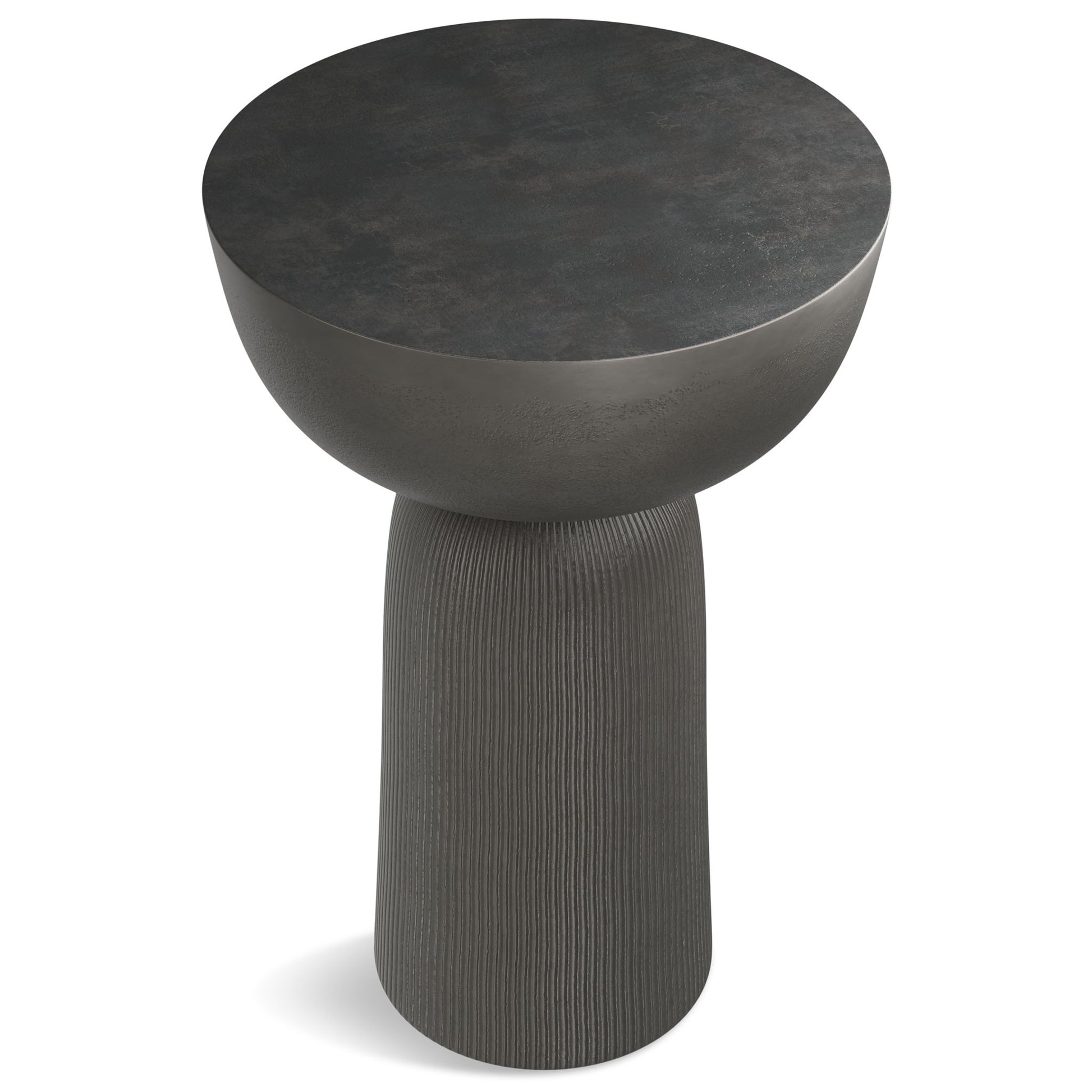 The Hughes Cast Aluminum Side Table in black features a modern, minimalist design with a round, slightly bowl-shaped top and a textured cylindrical base.