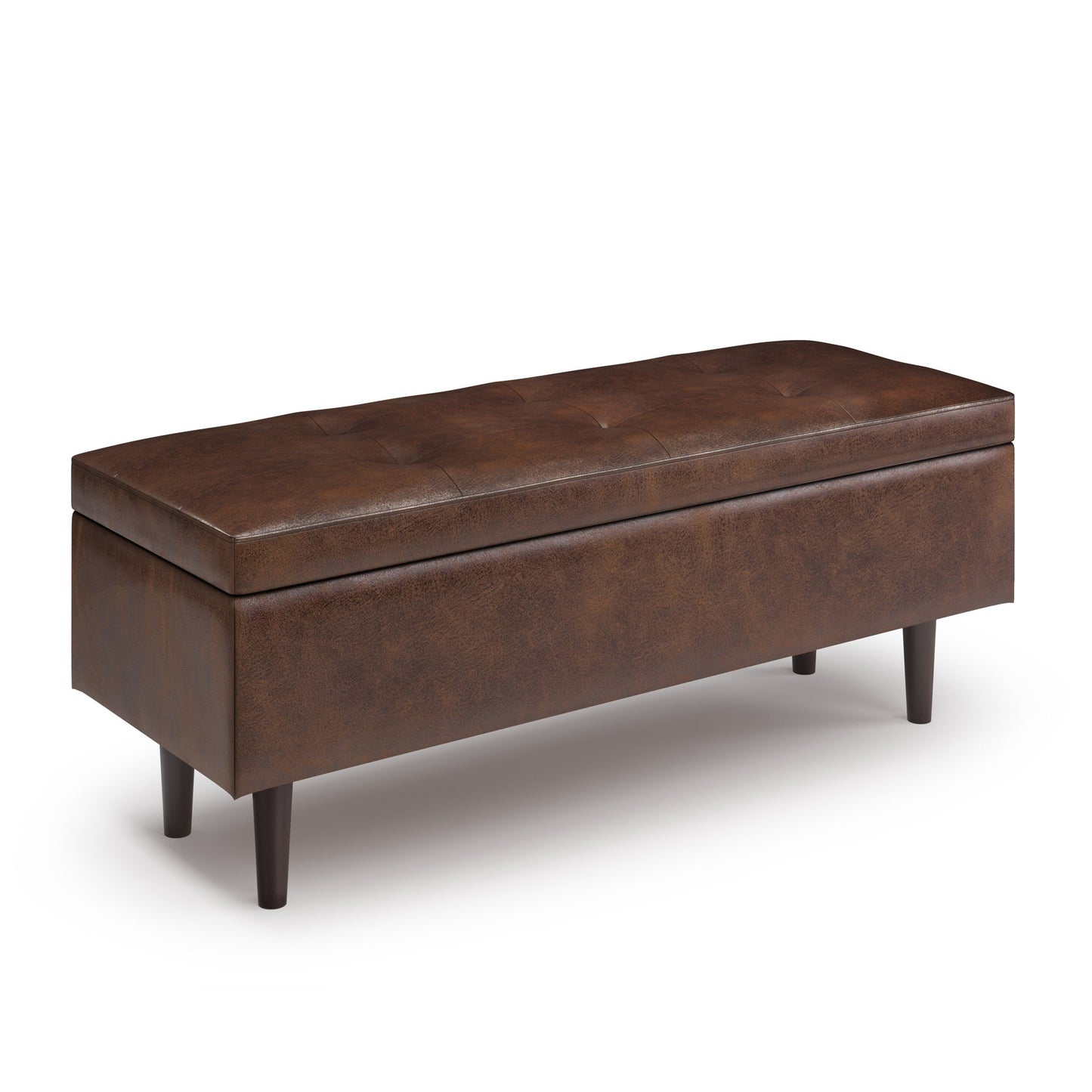 The Shay Large Square Coffee Table Storage Ottoman features a brown leather upholstery, tufted top, short wooden legs, and a simple modern mid-century design, shown on a white background.