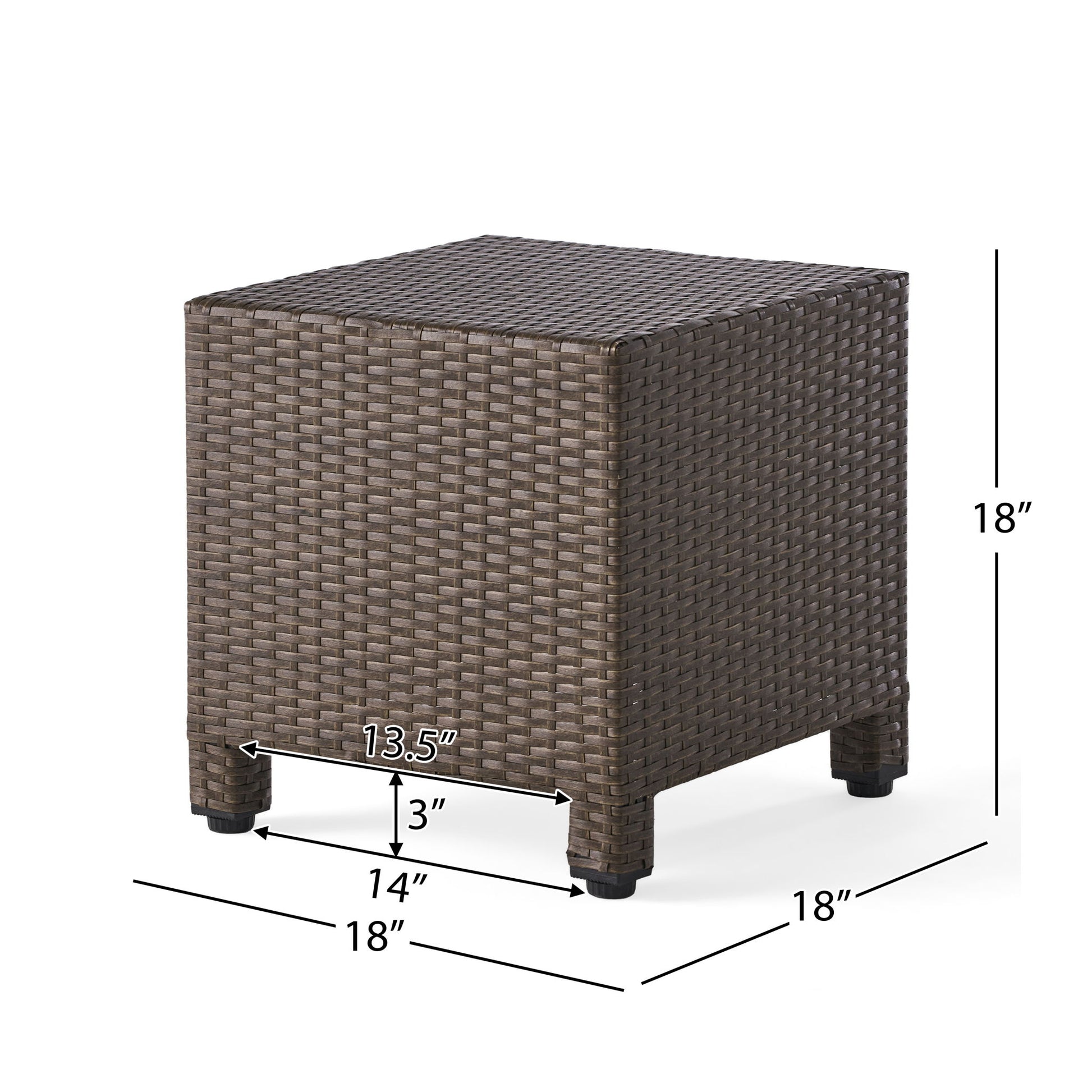 The Puerta Minimalist Style Accent Table is a square brown wicker outdoor table with four short 3-inch legs, measuring 18" H x 18" W x 18" D, featuring a 14" front and a 13.5" space between the legs.