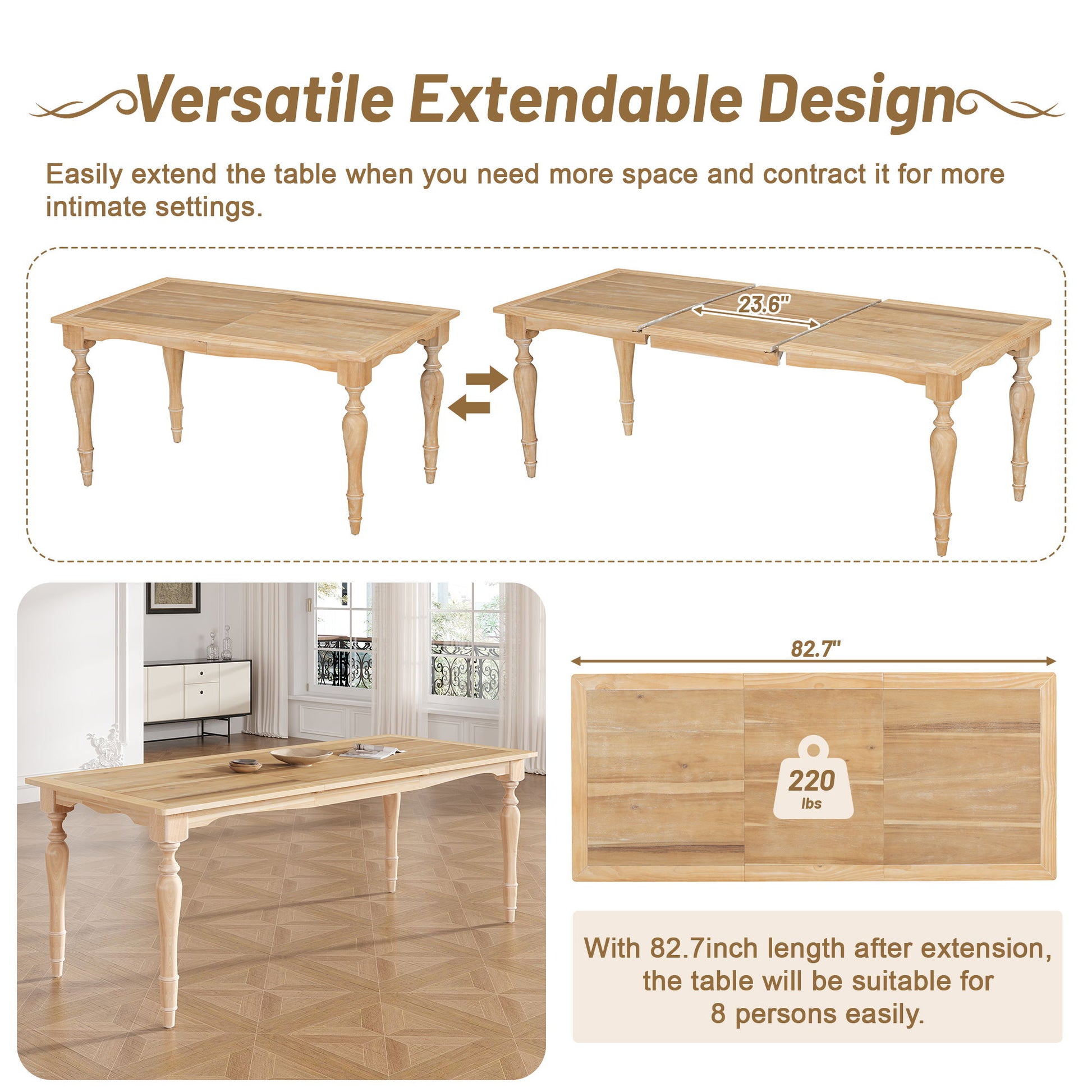 An infographic showcases the Topmax Vintage Traditional Extendable Dining Table Set with Removable Leaf, expanding from 59" to 82.7", seating up to 8 and supporting 220 lbs, shown in a stylish dining room setting.