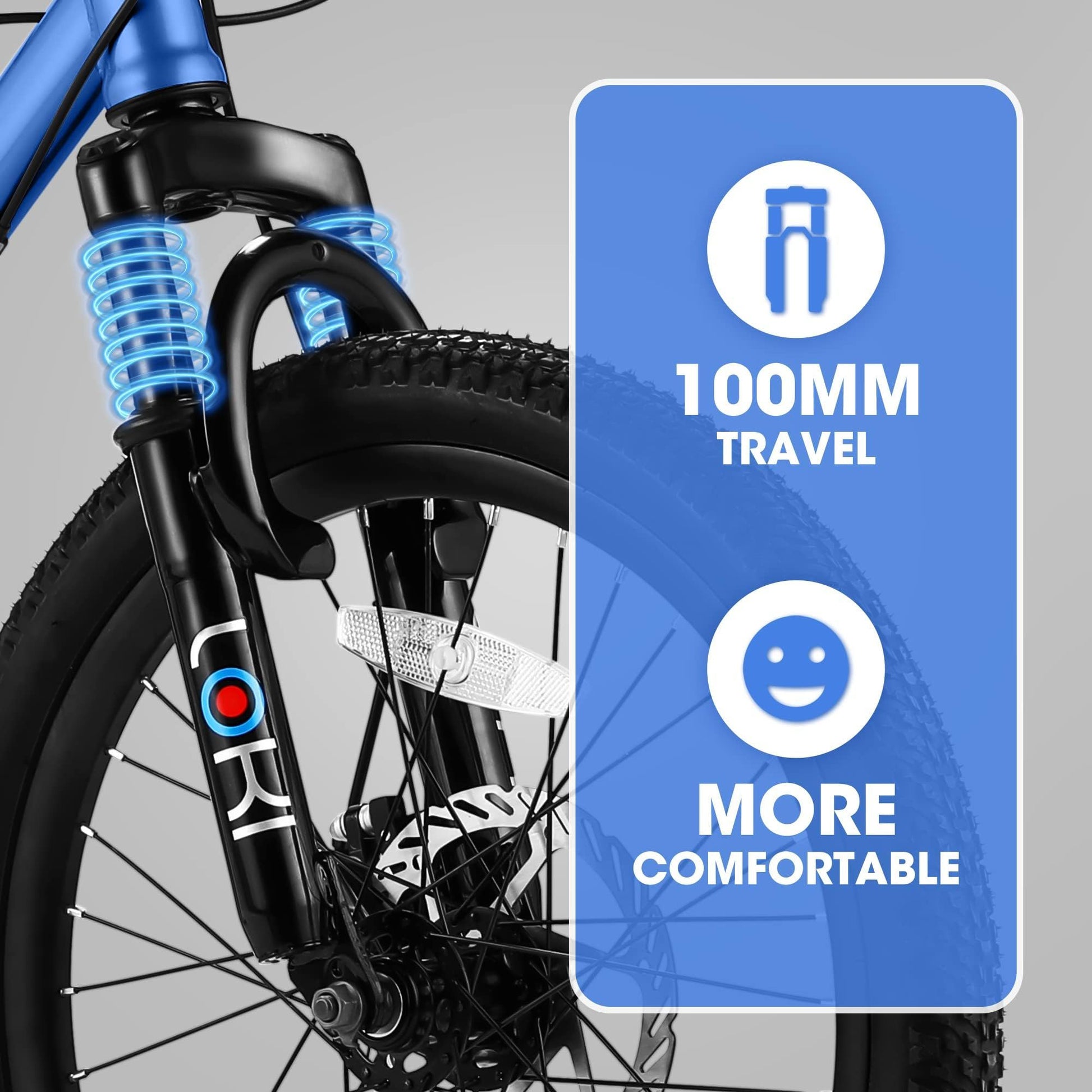 Close-up of S20101 20" Kids' Bike front suspension fork with blue springs. Overlay: "100MM TRAVEL" (fork icon) and "MORE COMFORTABLE" (smiley face), highlights smooth ride for ages 8-12.