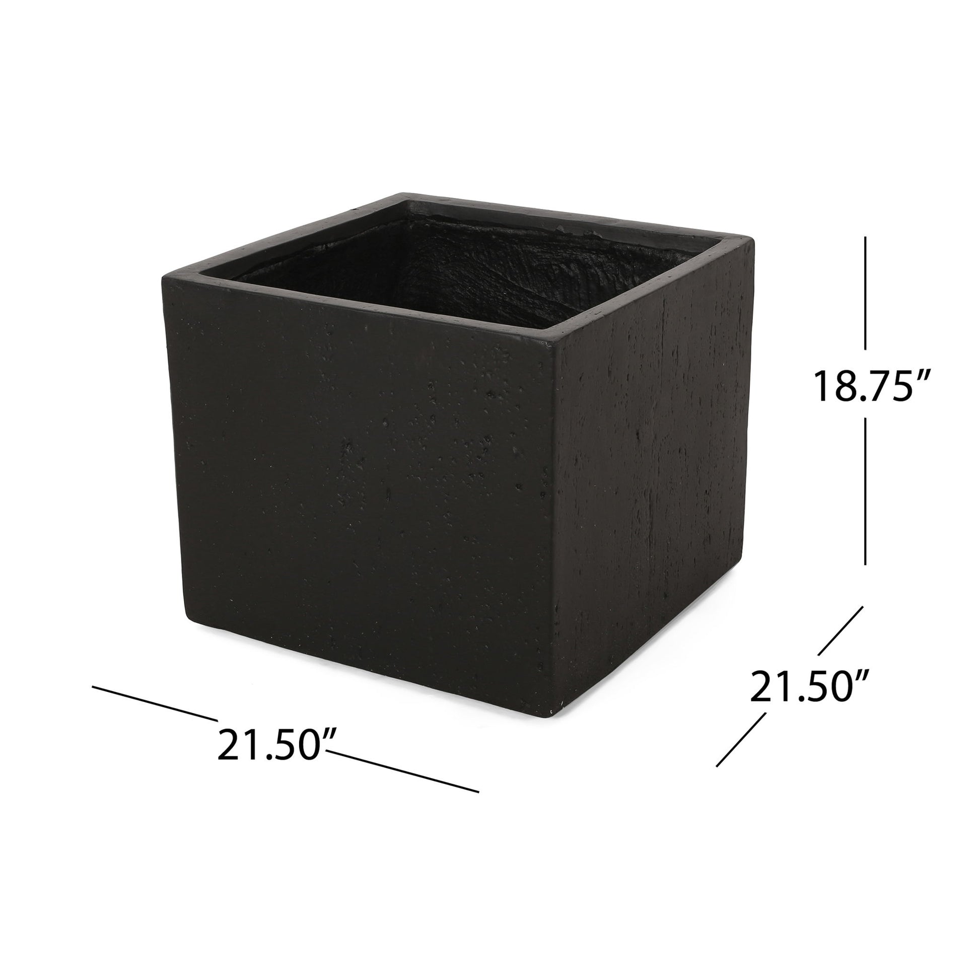 The Modern Outdoor Planter is a black square with textured sides, measuring 21.5" W x 21.5" D x 18.75" H. Dimensions are clearly labeled with lines on the image.
