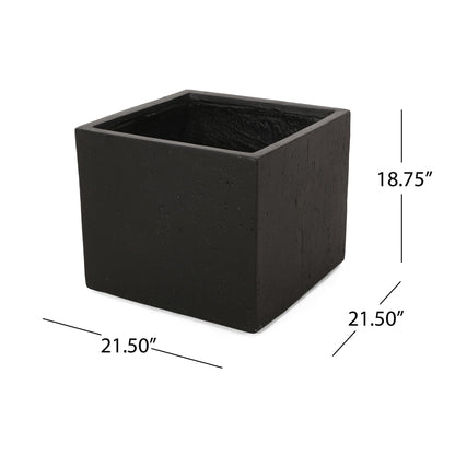 The Modern Outdoor Planter is a black square with textured sides, measuring 21.5" W x 21.5" D x 18.75" H. Dimensions are clearly labeled with lines on the image.