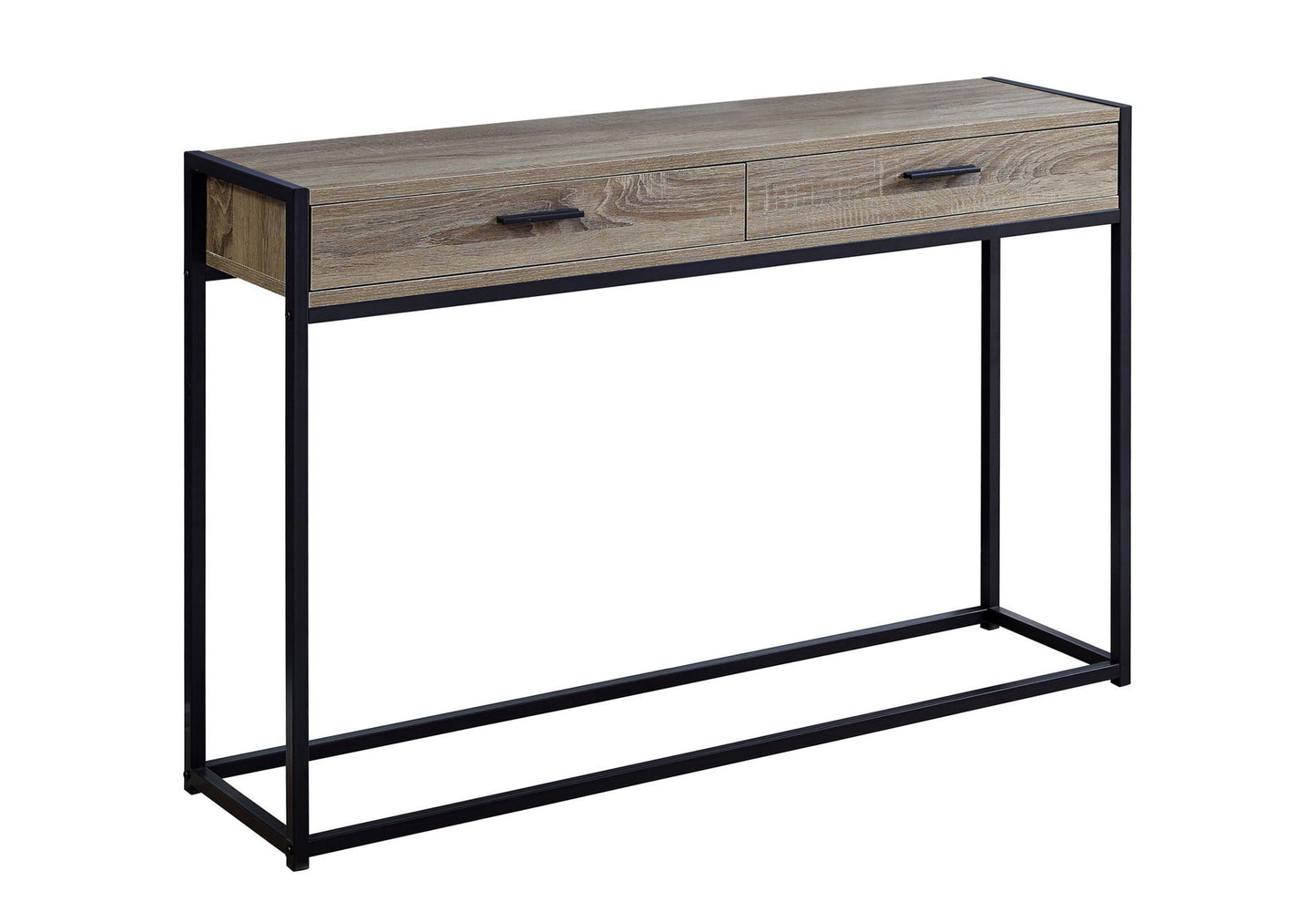 The Accent Console Table for Entryway features a light wood top, two storage drawers with black handles, and a sleek black metal frame with clean lines, offering contemporary and modern style.