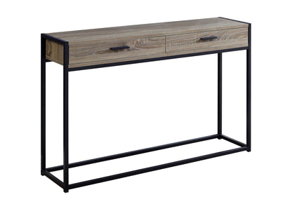 The Accent Console Table for Entryway features a light wood top, two storage drawers with black handles, and a sleek black metal frame with clean lines, offering contemporary and modern style.