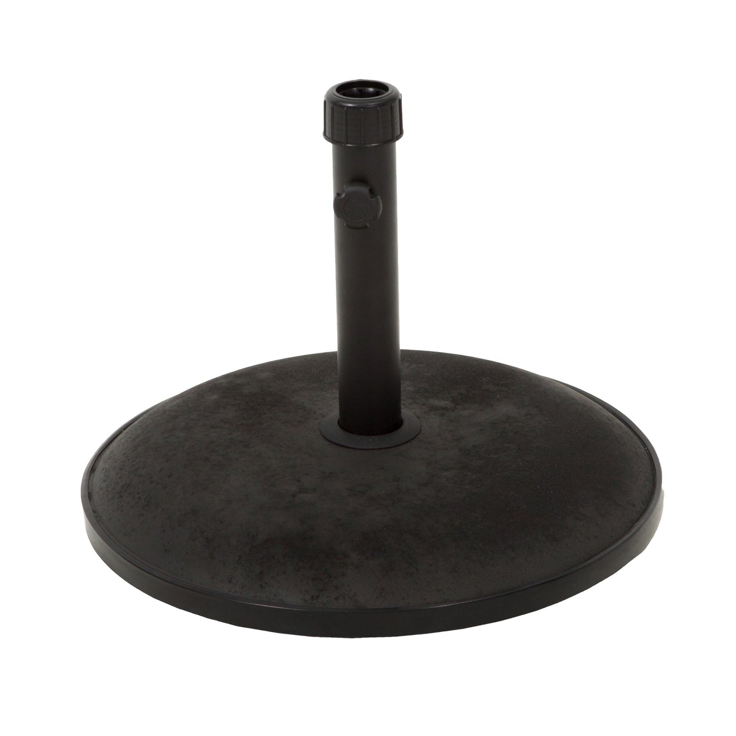 The Stylish Concrete Umbrella Base With Iron Support Pole - Black features a round, textured surface with a vertical iron pole and tightening knob, designed to securely hold and stabilize your outdoor umbrella.