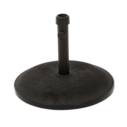 The Stylish Concrete Umbrella Base With Iron Support Pole - Black features a round, textured surface with a vertical iron pole and tightening knob, designed to securely hold and stabilize your outdoor umbrella.