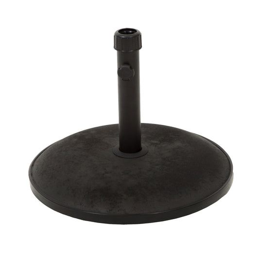 The Stylish Concrete Umbrella Base With Iron Support Pole - Black features a round, textured surface with a vertical iron pole and tightening knob, designed to securely hold and stabilize your outdoor umbrella.