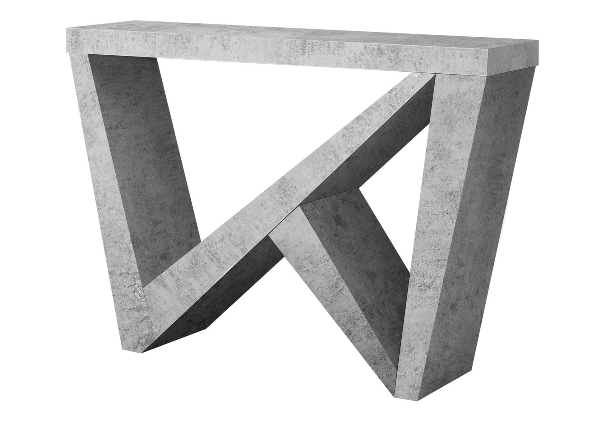 The Accent Console Table For Entryway features a modern concrete finish and durable construction, with intersecting angled legs forming a stylish geometric "W" design.
