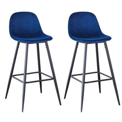 A set of two Velvet Barstool With Back, featuring blue upholstered seats and black metal legs, displayed side by side on a white background.