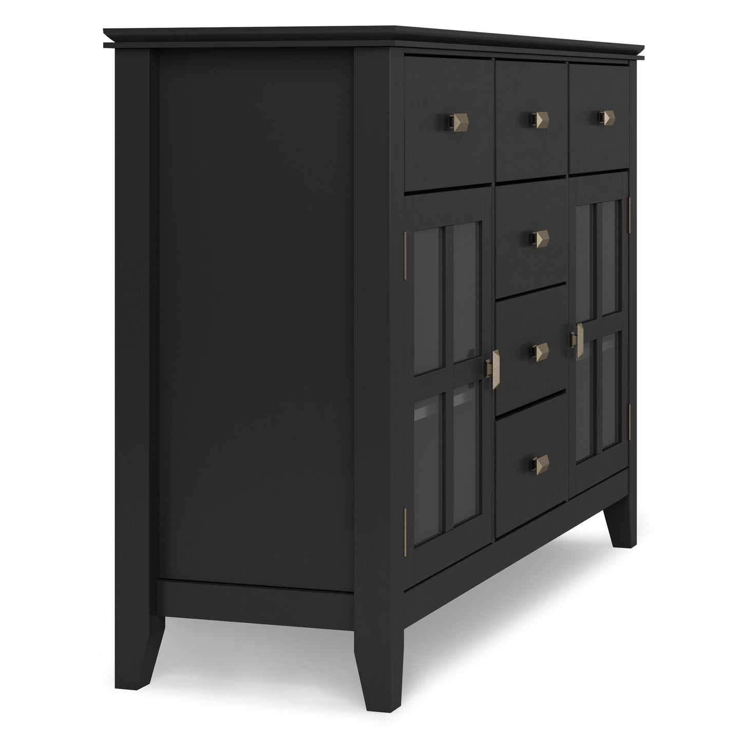 The Artisan - Handcrafted Sideboard Buffet is a black wooden piece with five central drawers, two glass-front cabinets, brass handles, and a modern minimalist design.