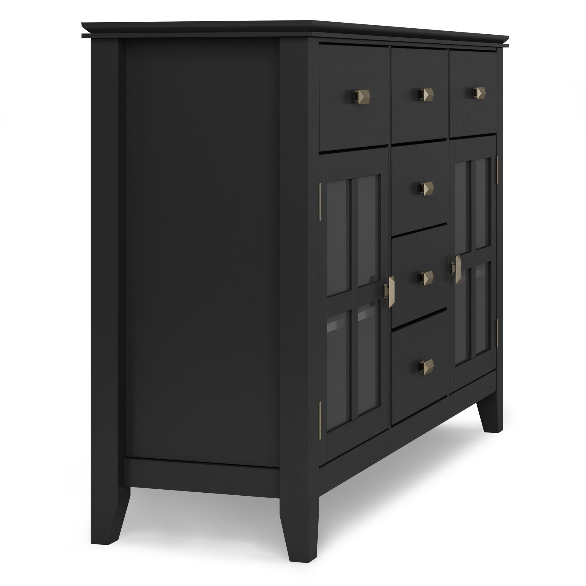 The Artisan - Handcrafted Sideboard Buffet is a black wooden piece with five central drawers, two glass-front cabinets, brass handles, and a modern minimalist design.