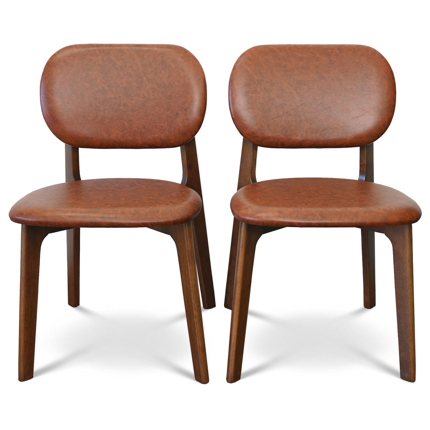 The Kelsey - Stylish Dining Chair (Set of 2) features brown padded seats and backs with smooth leather-like upholstery and wooden legs, shown side by side on a white background.