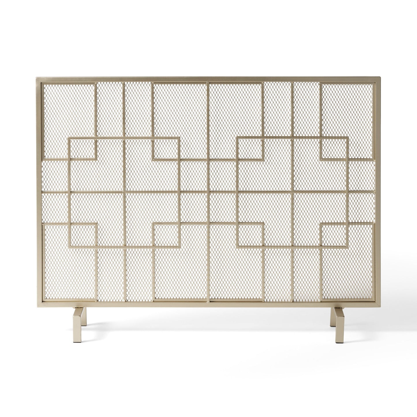 The Dorothy - Modern Single Panel Iron Fire Screen features a geometric grid with symmetrical squares and rectangles on a light iron frame and mesh panels, supported by two angled legs.