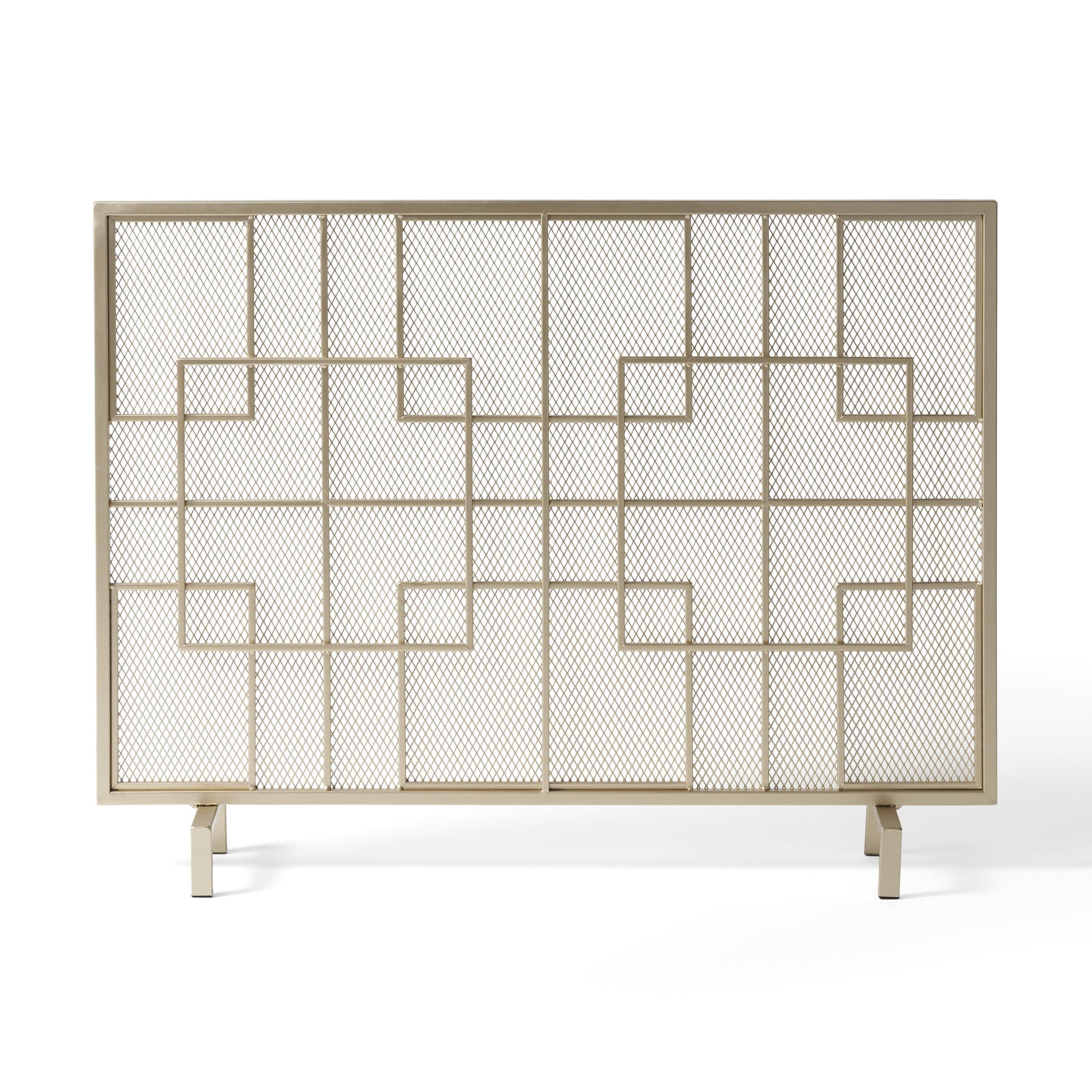 The Dorothy - Modern Single Panel Iron Fire Screen features a geometric grid with symmetrical squares and rectangles on a light iron frame and mesh panels, supported by two angled legs.