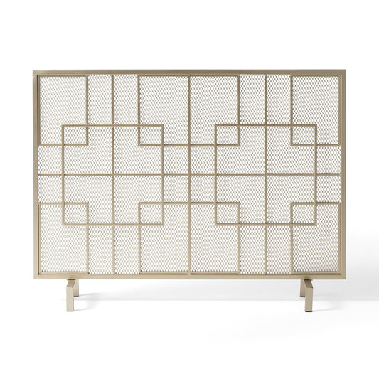 The Dorothy - Modern Single Panel Iron Fire Screen features a geometric grid with symmetrical squares and rectangles on a light iron frame and mesh panels, supported by two angled legs.
