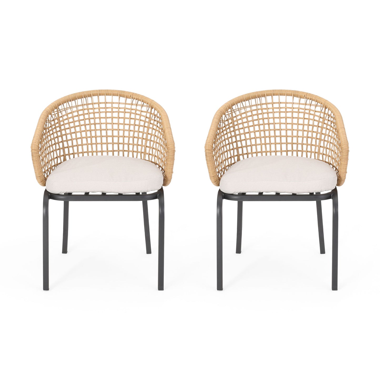 Two Outdoor Wicker Chairs with powder coated iron legs, beige cushioned seats, and curved woven rattan mesh backs are displayed side by side facing forward against a white background.