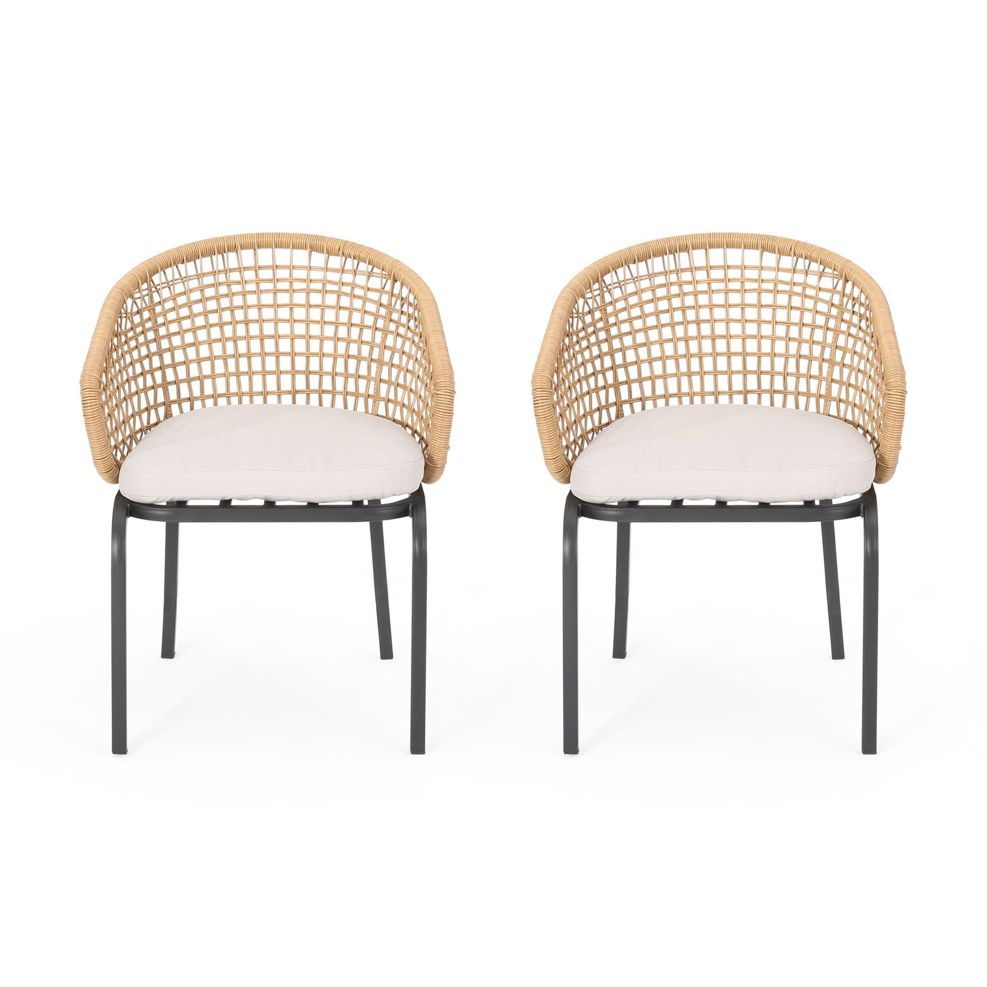 Two Outdoor Wicker Chairs with powder coated iron legs, beige cushioned seats, and curved woven rattan mesh backs are displayed side by side facing forward against a white background.