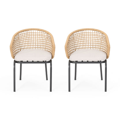 Two Outdoor Wicker Chairs with powder coated iron legs, beige cushioned seats, and curved woven rattan mesh backs are displayed side by side facing forward against a white background.