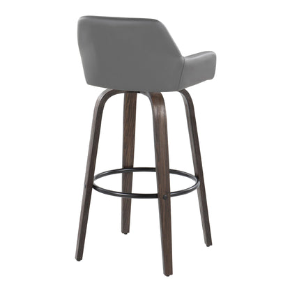The Daniella barstool set (contemporary, fixed height, swivel) features a gray cushioned seat, low backrest, wooden legs, and a round black metal footrest—combining style and comfort in a modern design. Set of 2.