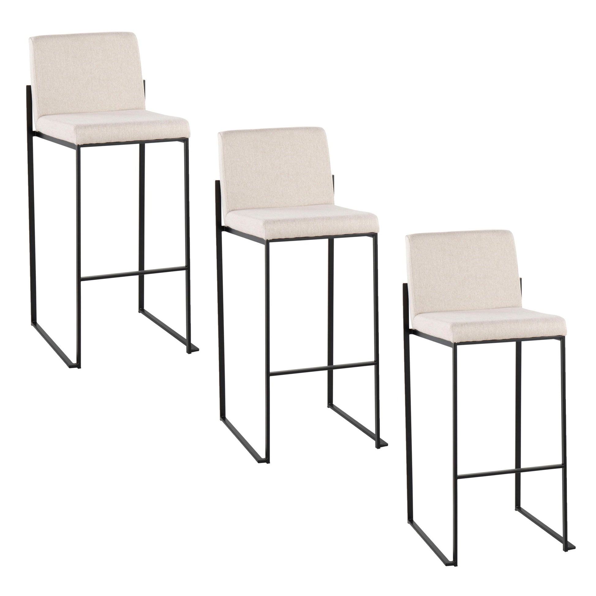 Three Fuji Contemporary High Back Barstools with light beige cushioned seats and backs on sleek black metal frames, arranged in a staggered descending order from left to right.