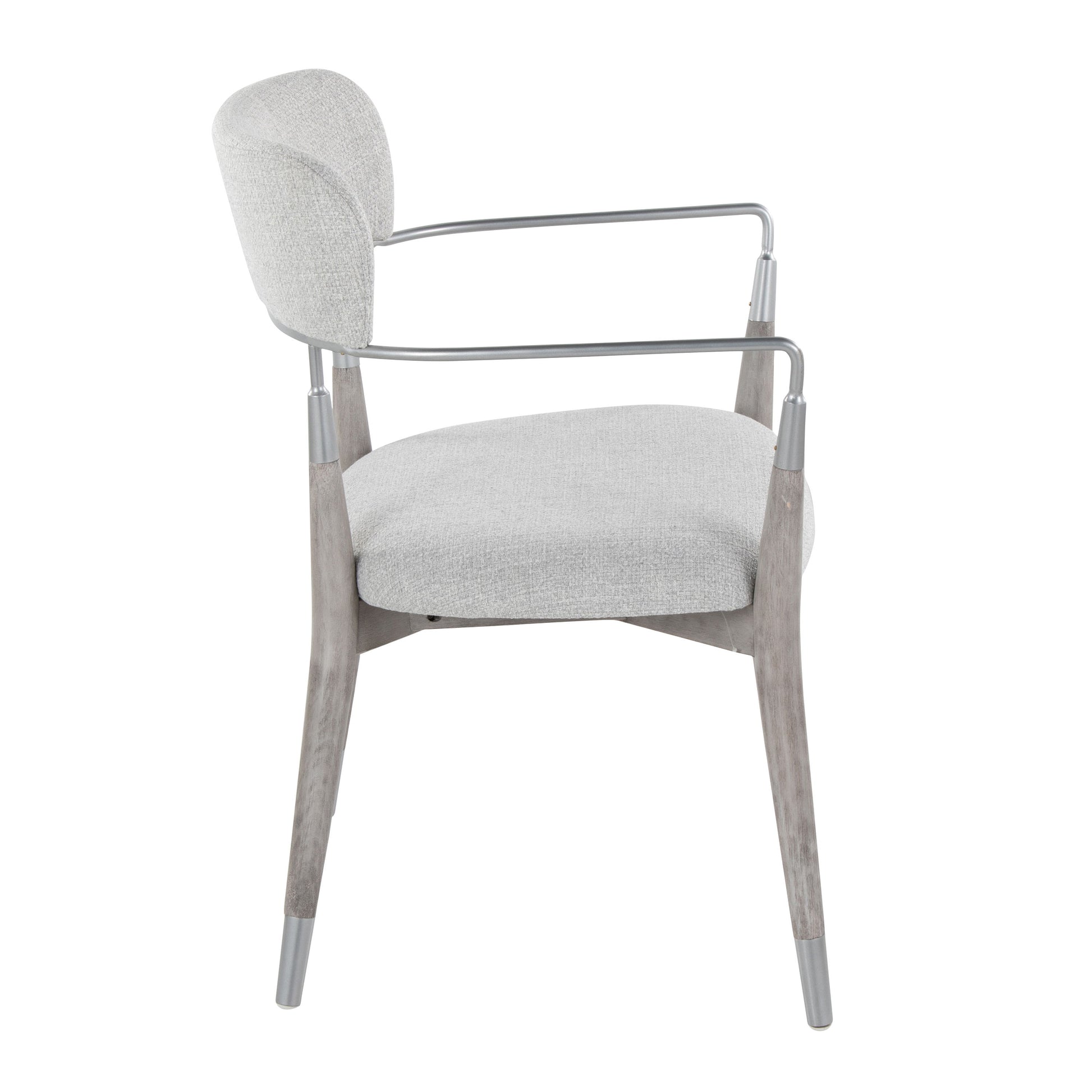 The Savannah - Contemporary Chair (Set of 2) features light grey fabric upholstery, slim metal armrests, and tapered wooden legs. Shown from the side against a white background.