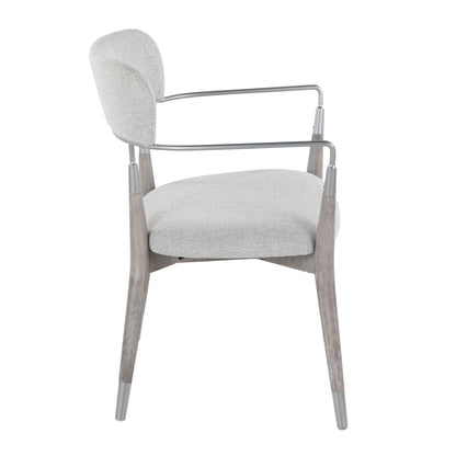The Savannah - Contemporary Chair (Set of 2) features light grey fabric upholstery, slim metal armrests, and tapered wooden legs. Shown from the side against a white background.