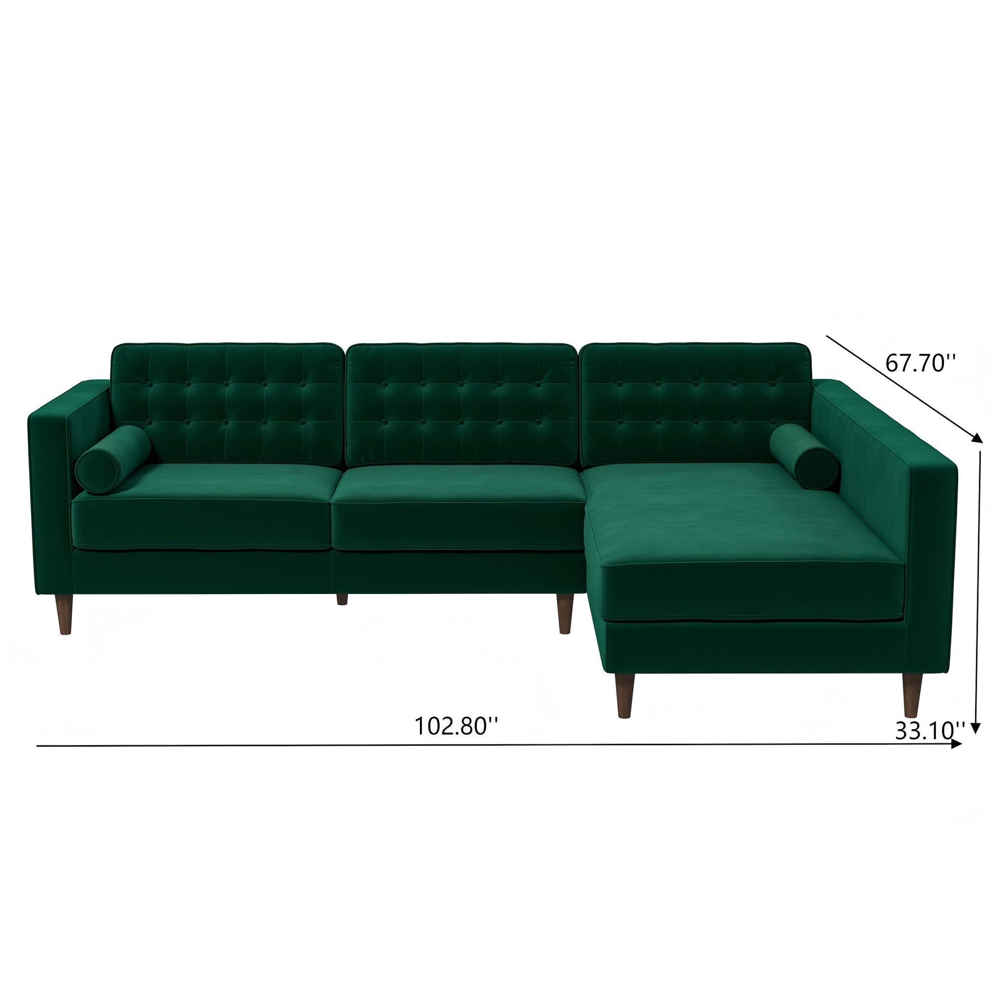 The Christian Mid-Century Modern Sectional Sofa features a dark green L-shape, tufted backrest, two cylindrical pillows, and dark wooden legs. Dimensions: 102.8"W x 67.7"D (chaise) x 33.1"D (seat section).