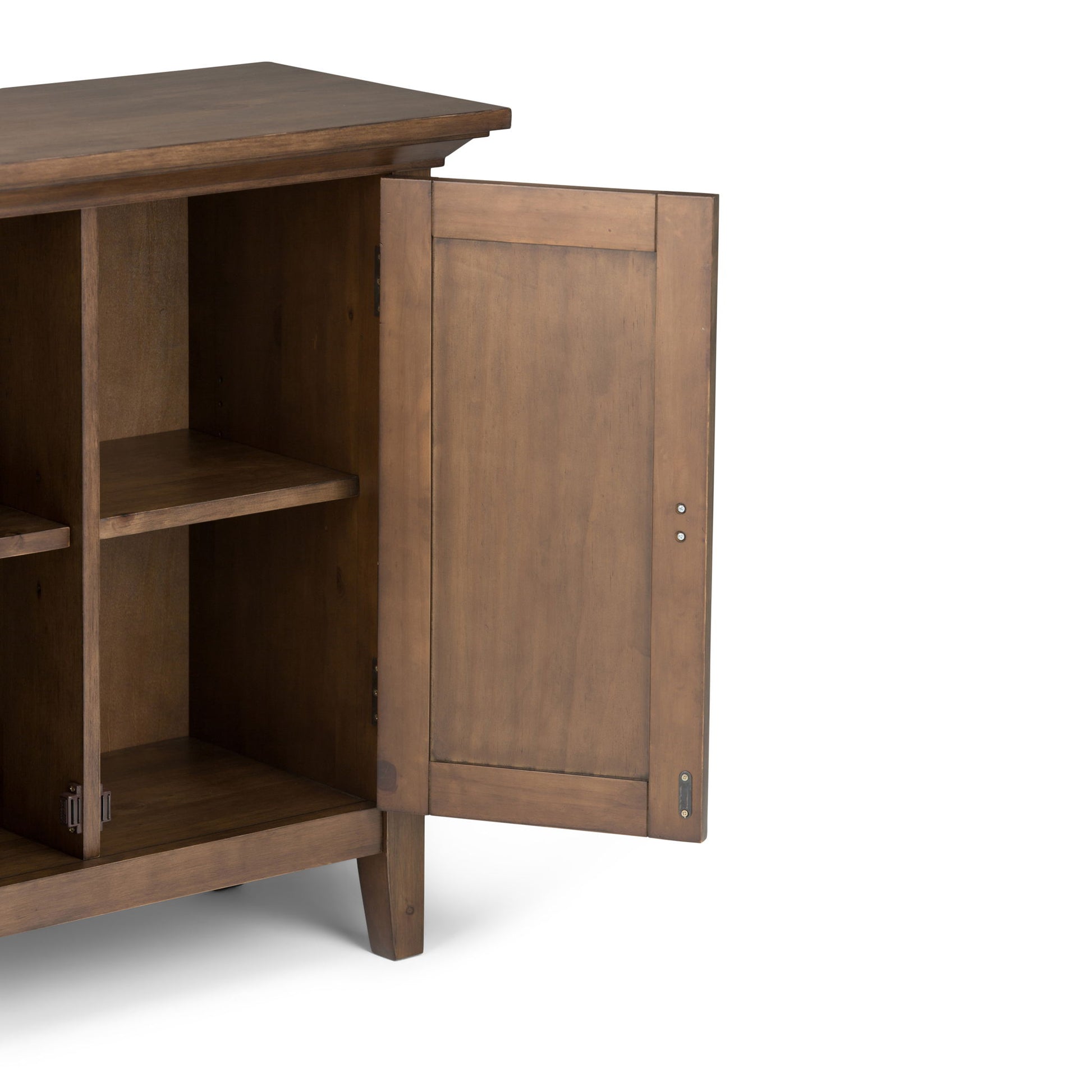 The Redmond - Handcrafted Low Storage Cabinet features a smooth finish, classic design, and an open door revealing two interior shelves. The background is plain white.
