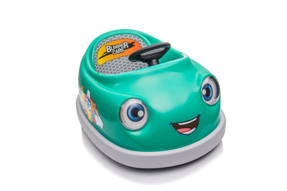 A turquoise "Bumper Car For Kids" 12V electric car for ages 1-6 features a smiling face, large cartoon eyes, steering wheel, seat label, and anti-collision bumper—shown isolated on a white background.