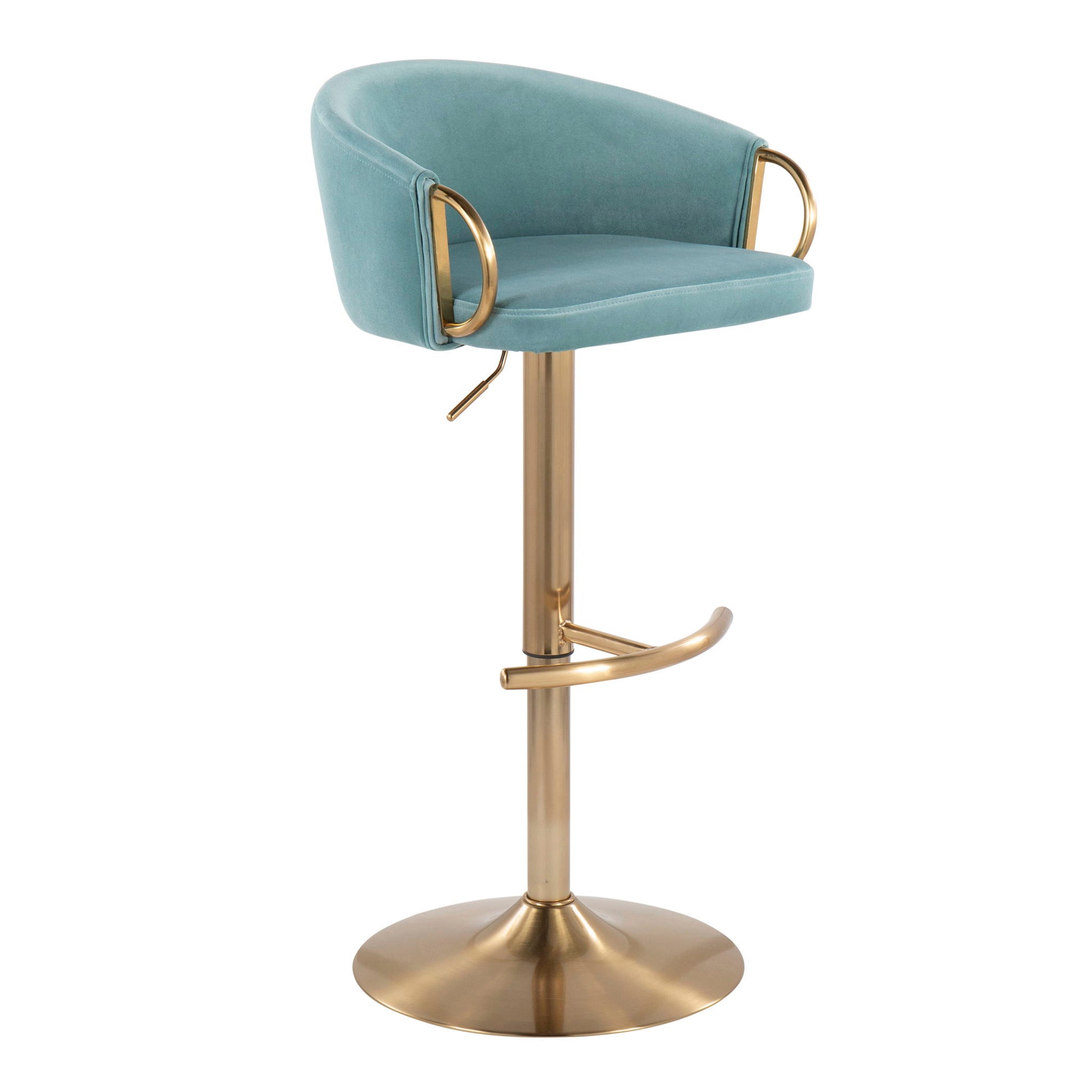 The Claire Contemporary/Glam Adjustable Bar Stool (Set of 2) features a teal upholstered seat, gold metal armrests, a gold adjustable pedestal base, and a matching footrest.