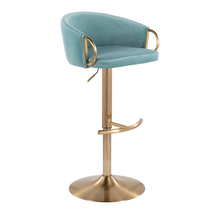 The Claire Contemporary/Glam Adjustable Bar Stool (Set of 2) features a teal upholstered seat, gold metal armrests, a gold adjustable pedestal base, and a matching footrest.