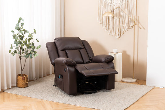 An Electric Power Massage Recliner Chair in dark brown leather sits on a beige rug in a cozy living room with a potted plant, floor lamp, tasseled wall hanging, and a small side table holding a cup.