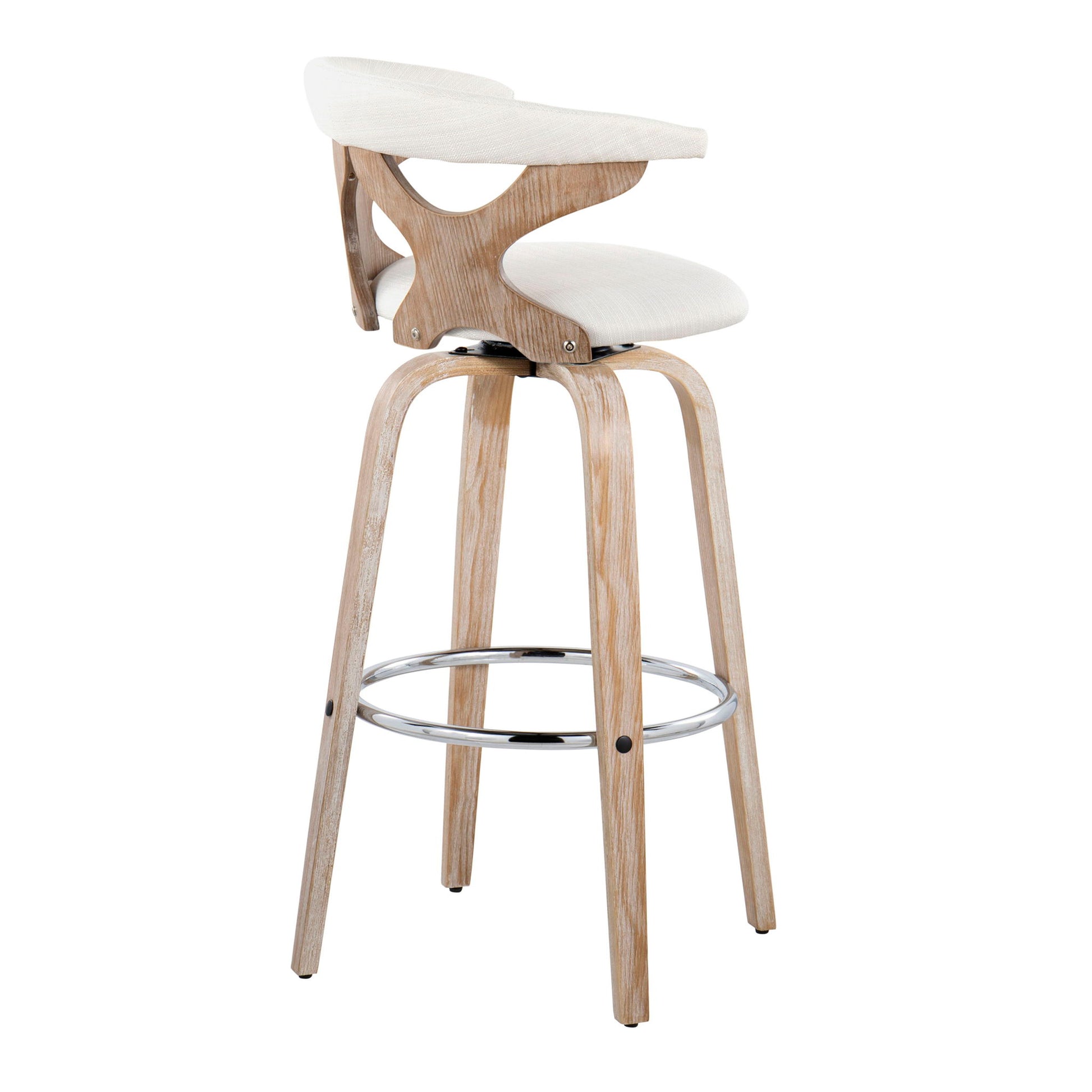 The Gardenia Contemporary Fixed Height Barstool (Set of 2) features a light beige cushioned seat and backrest, curved wooden legs, a round metal footrest, swivel function, and a stylish cut-out back design.