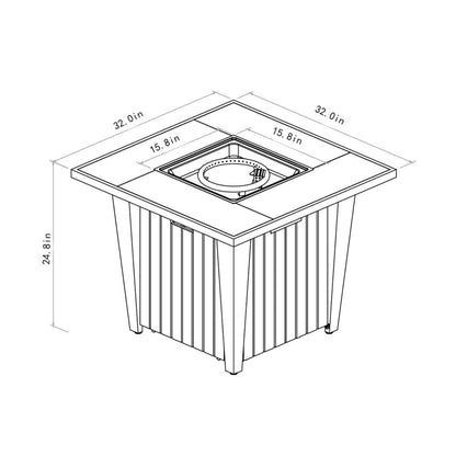 Morden Steel Fire Pit Table With Marble Tile Tabletop, Glass Wind Guard And Lid