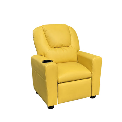 The Marisa PU Leather Kids Recliner Chair features a bright yellow finish, padded armrests, and a built-in cup holder on the right arm, shown against a plain white background.