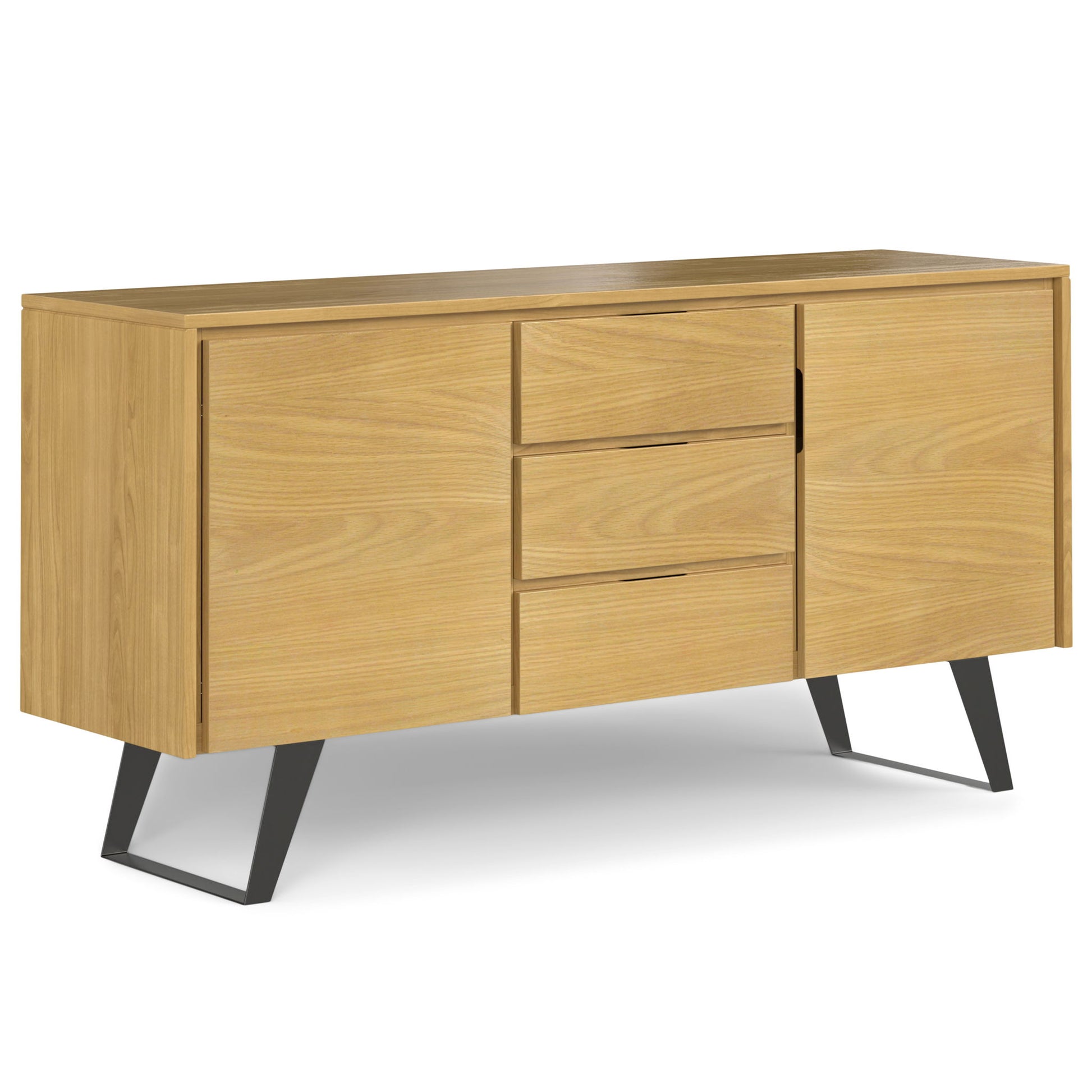The Lowry - Handcrafted Sideboard Buffet features a modern light wood finish, three central drawers, two side cabinets, and stands on black metal slanted legs.