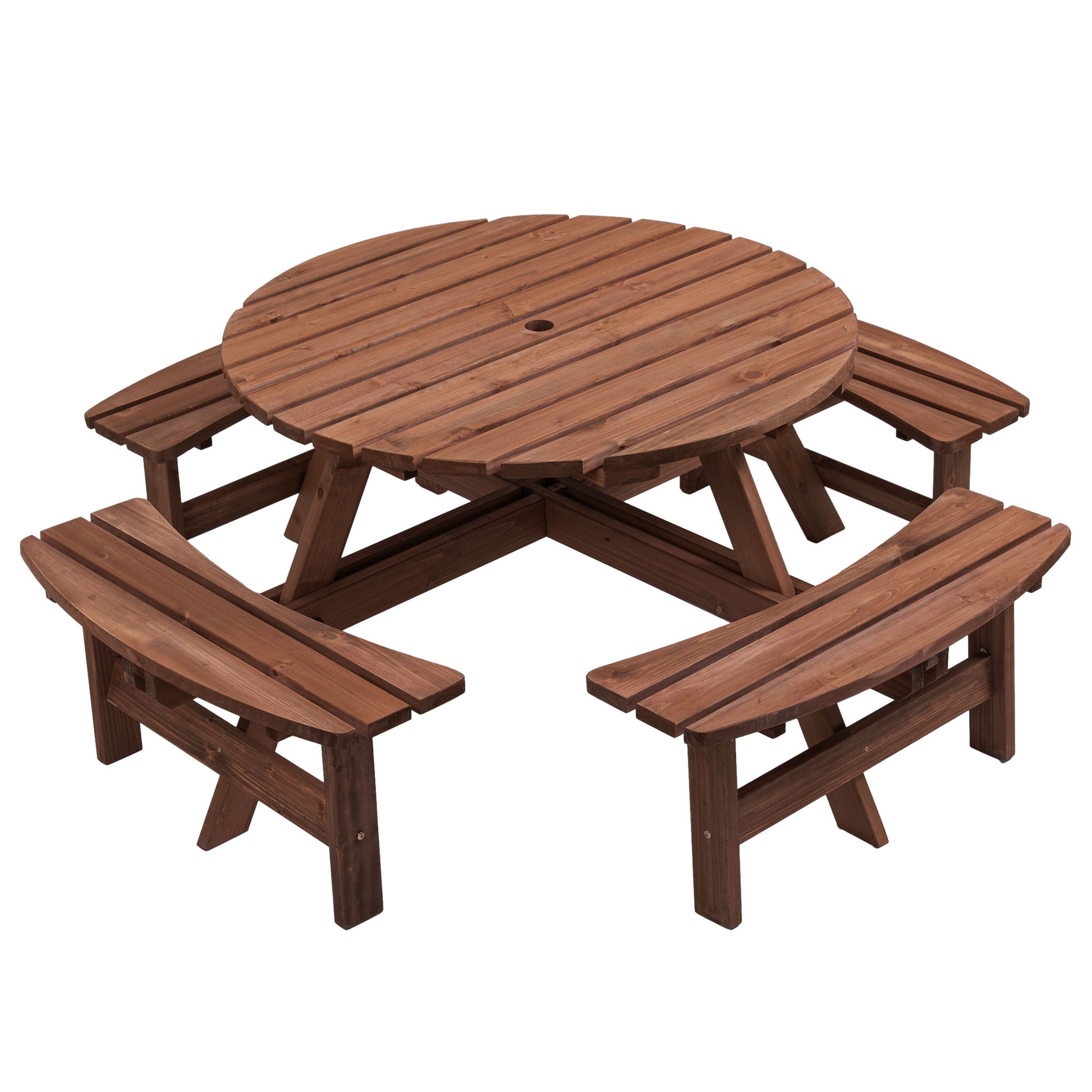 The 8 Person Wooden Picnic Table features a slatted top, central umbrella hole, and four built-in curved benches. Ideal for garden or outdoor dining, this table seats eight and supports up to 2220 lb.