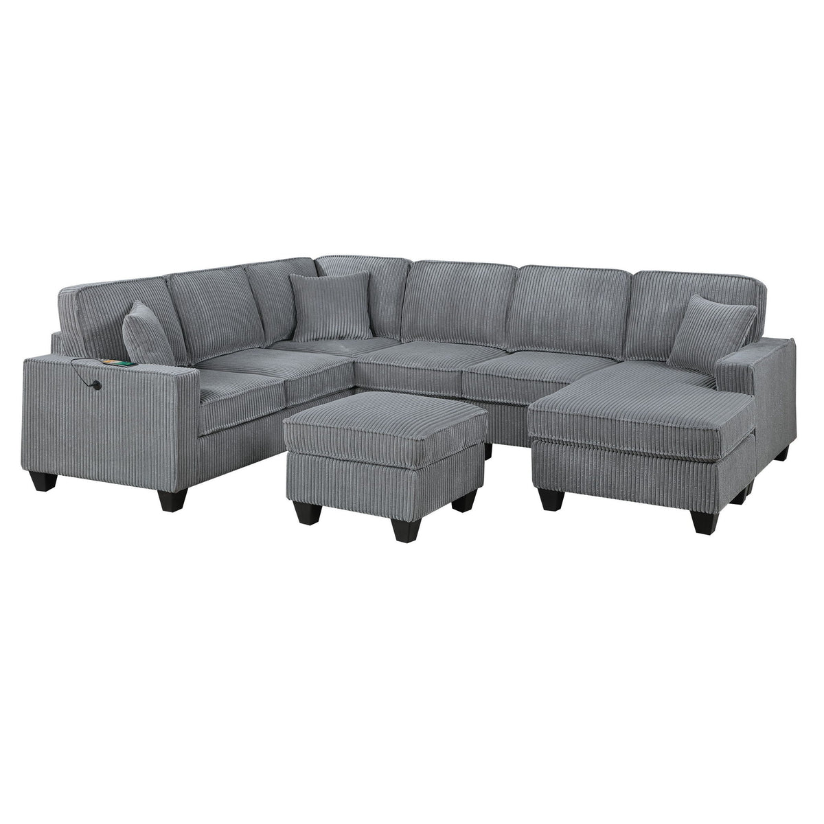 Left Arm Facing Loveseat With USB Port And Storage Sectional Set With Corner Wedge Armless Chair And Cocktail Ottoman - Fog