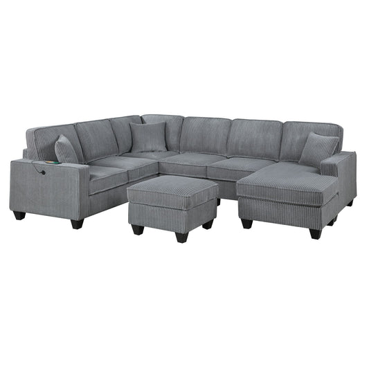 Left Arm Facing Loveseat With USB Port And Storage Sectional Set With Corner Wedge Armless Chair And Cocktail Ottoman - Fog